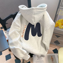 秋冬加绒加厚字母印花连帽卫衣女慵懒风高街重磅情侣装外套