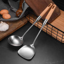 不锈钢烹饪炒铲炒勺 木柄锅铲家用厨师炒菜铲子汤勺粥勺厨房用具