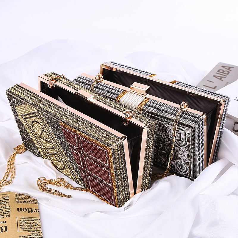 Women's Handheld Evening Bag Small Square Bag European and American Trend Punk Bag Rhinestone Fashion Makeup Evening Bag