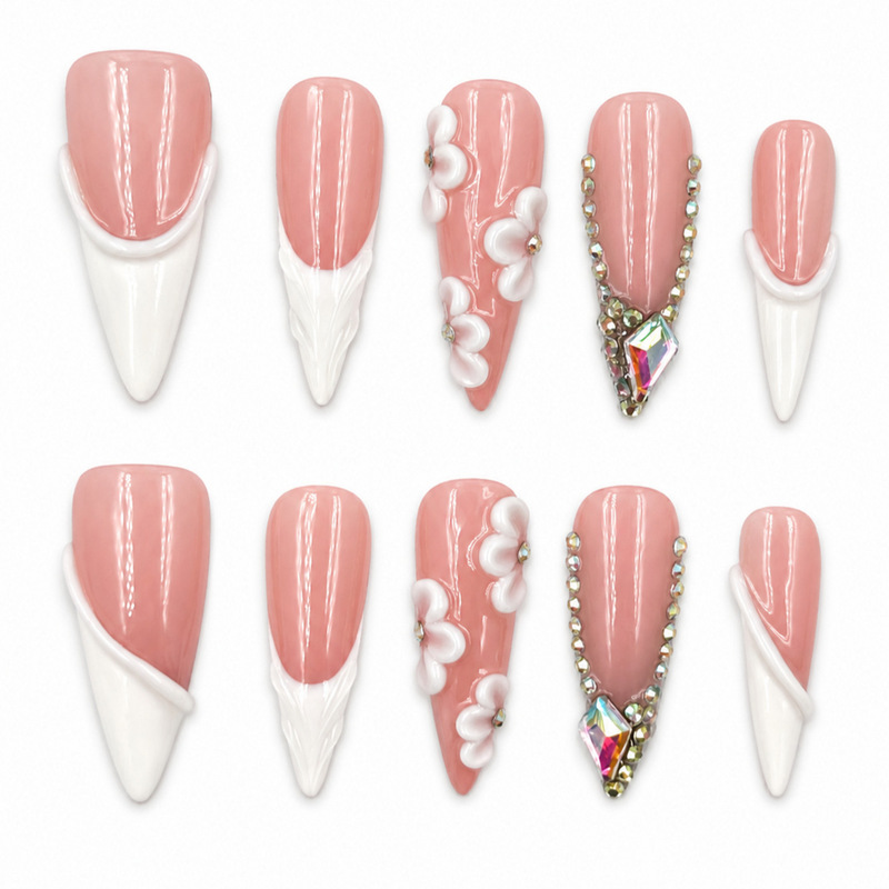 Handmade peach pink French-style long pointed nails with three-dimensional flowers and irregular-shaped rhinestones, 10-piece set, custom wholesale and dropshipping Handmade peach pink French-style long pointed nails with three-dimensional flowers and irregular-shaped rhinestones, 10-piece set, custom wholesale and dropshipping