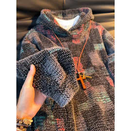 美式提花七彩格子连帽卫衣男秋冬设计感针织帽衫复古重磅毛绒外套