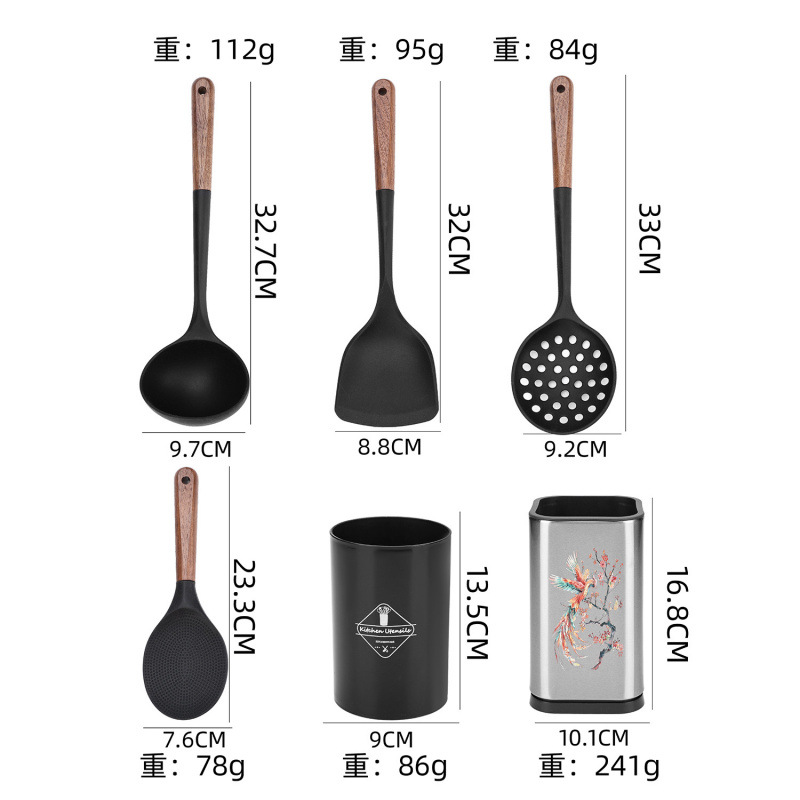 Juego de utensilios de cocina de silicona de nogal