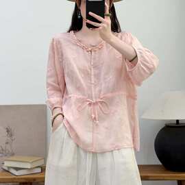 2026新款复古刺绣苎麻开衫女夏季新款茶服新中式七分袖圆领衬衫