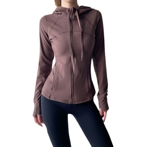 Lulu style women's yoga jacket with hood, slimming zipper cardigan workout top, running sport jacket