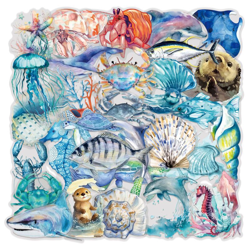 50 Sheets of Transparent Cartoon Marine Life Sticker Pack Waterproof Transparent Pet Material to Decorate Guitar Notebook