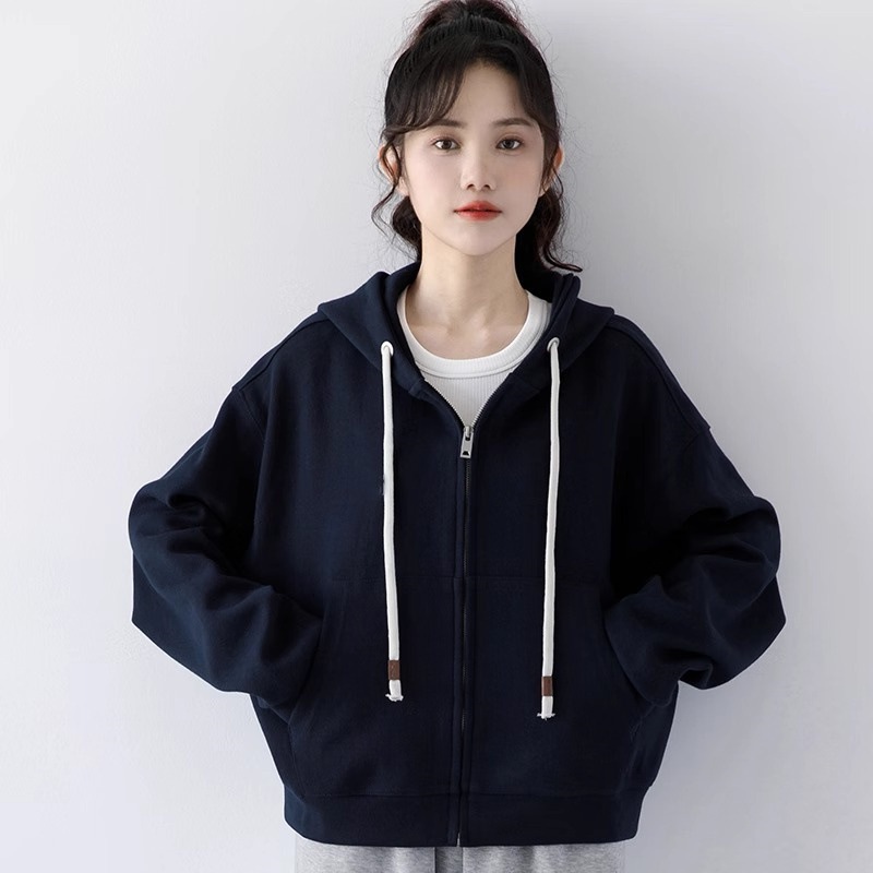 藏蓝色加绒加厚短款卫衣外套女秋冬2025新款美式开衫外套上衣7317|undefined