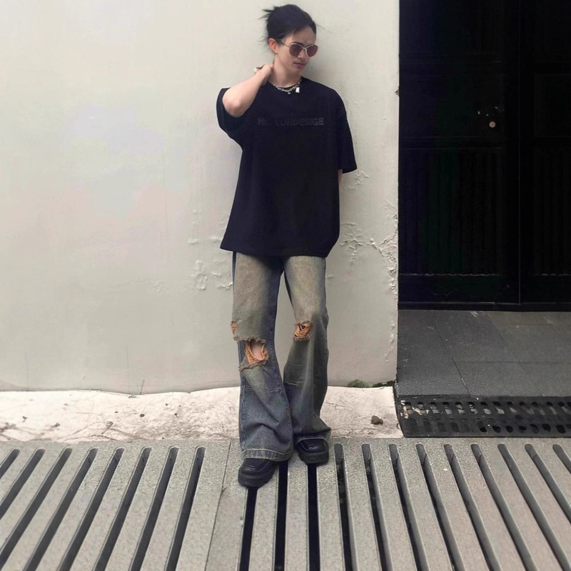 Dark Pants Autumn Loose Straight Ripped Jeans Men's Versatile Washed Vintage American High Street Vibe Trendy
