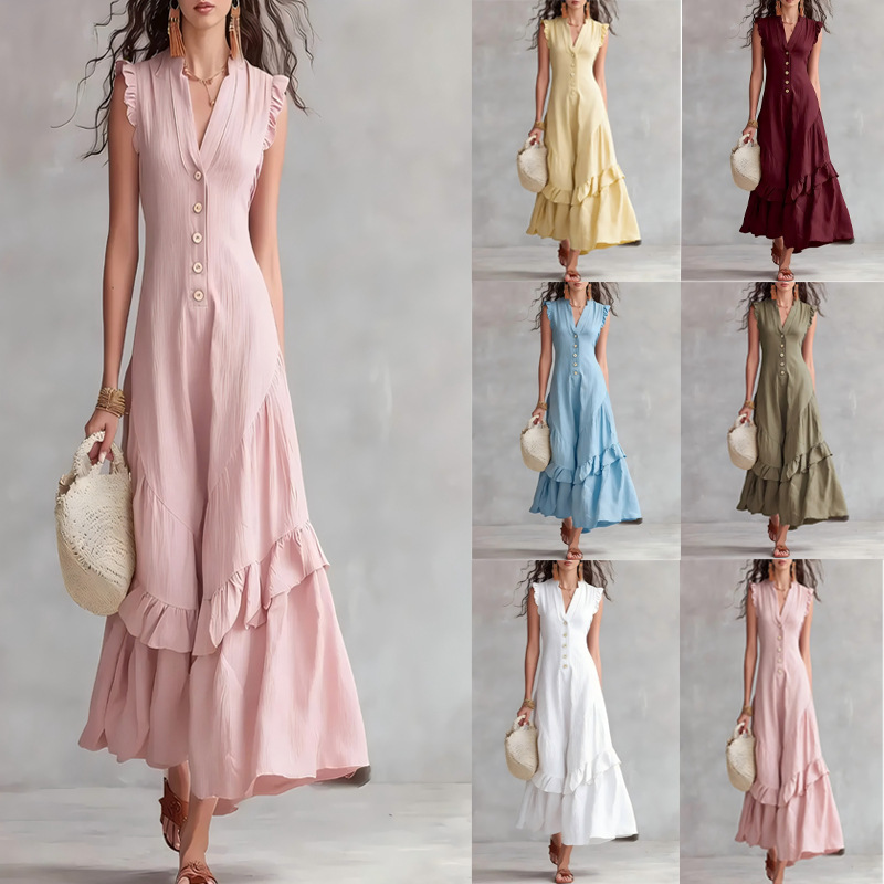2026 Summer European and American Linen Sleeveless Dress for Women, V-neck, Buttoned, Waist-cinching, A-line, Ruffled Hem, Long Layered Dress 2026 Summer European and American Linen Sleeveless Dress for Women, V-neck, Buttoned, Waist-cinching, A-line, Ruffled Hem, Long Layered Dress
