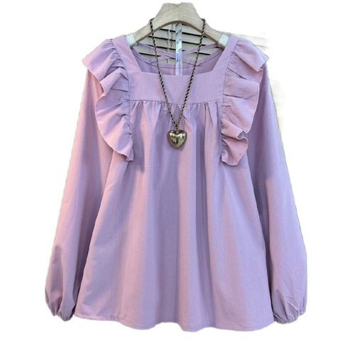 Premium plus-size European early autumn women's fashion top in coffee color with lace details, featuring a design sense.