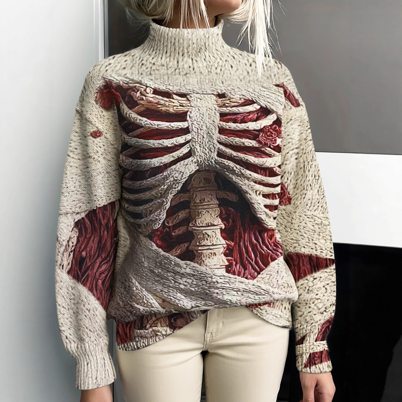 3D Rib Anatomy Pattern Turtleneck Knitwear 2025 Autumn and Winter Dark Retro Style Knitwear Cross-Border Popular Top Batch