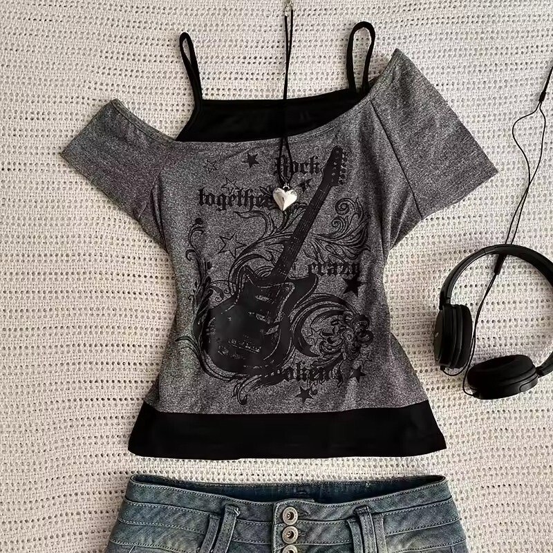 American Retro Style Fake Two-Piece Design T-Shirt 2026 Summer New Fashion Pattern Women's Short-Sleeved Top American Retro Style Fake Two-Piece Design T-Shirt 2026 Summer New Fashion Pattern Women's Short-Sleeved Top