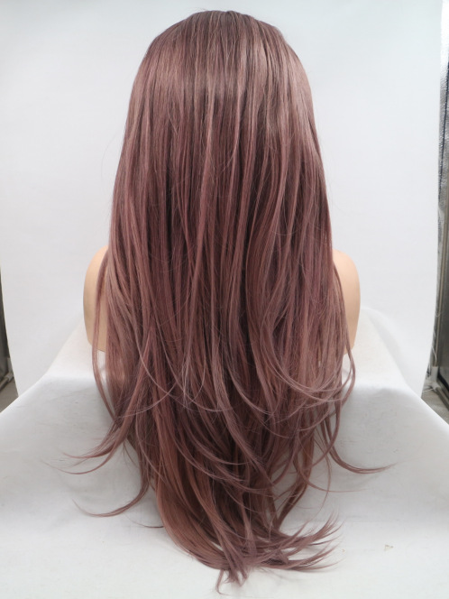 Europa y los Estados Unidos pelucas populares marrón medio largo cabello recto fibra química delantera encaje mitad gancho mano