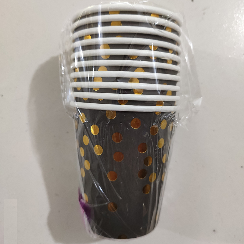 Bronceado punto negro vajilla engrosada taza de papel pastel plato de papel cuchillo de oro tenedor cuchara tejido decoración del partido suministros traje