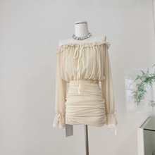 纯欲气质收腰短裙包臀裙一字肩雪纺连衣