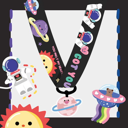 Astronaut mobile phone rope chest card holder hanging neck rope astronaut wide version non-neck cartoon long rope detachable foreign trade