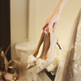 X788-58 Bridal Wedding Shoes Not Tiring Feet Hexiu Wedding Dress Two-Wear Crystal Shoes High Heels Women's Easiest for Match and Plaid 32-43