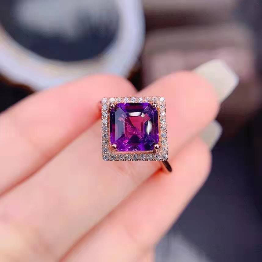 New Mysterious Amethyst Ring Female Square Diamond Open Copper Ring