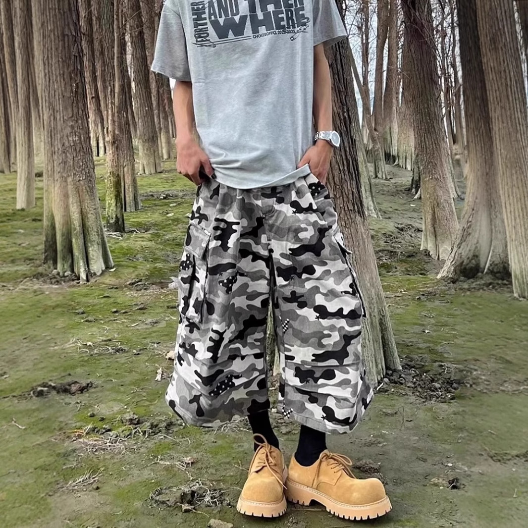 American Retro Camouflage Multi-Pocket Cargo Shorts for Men, Summer Loose Straight Niche Versatile Cropped Pants Trendy