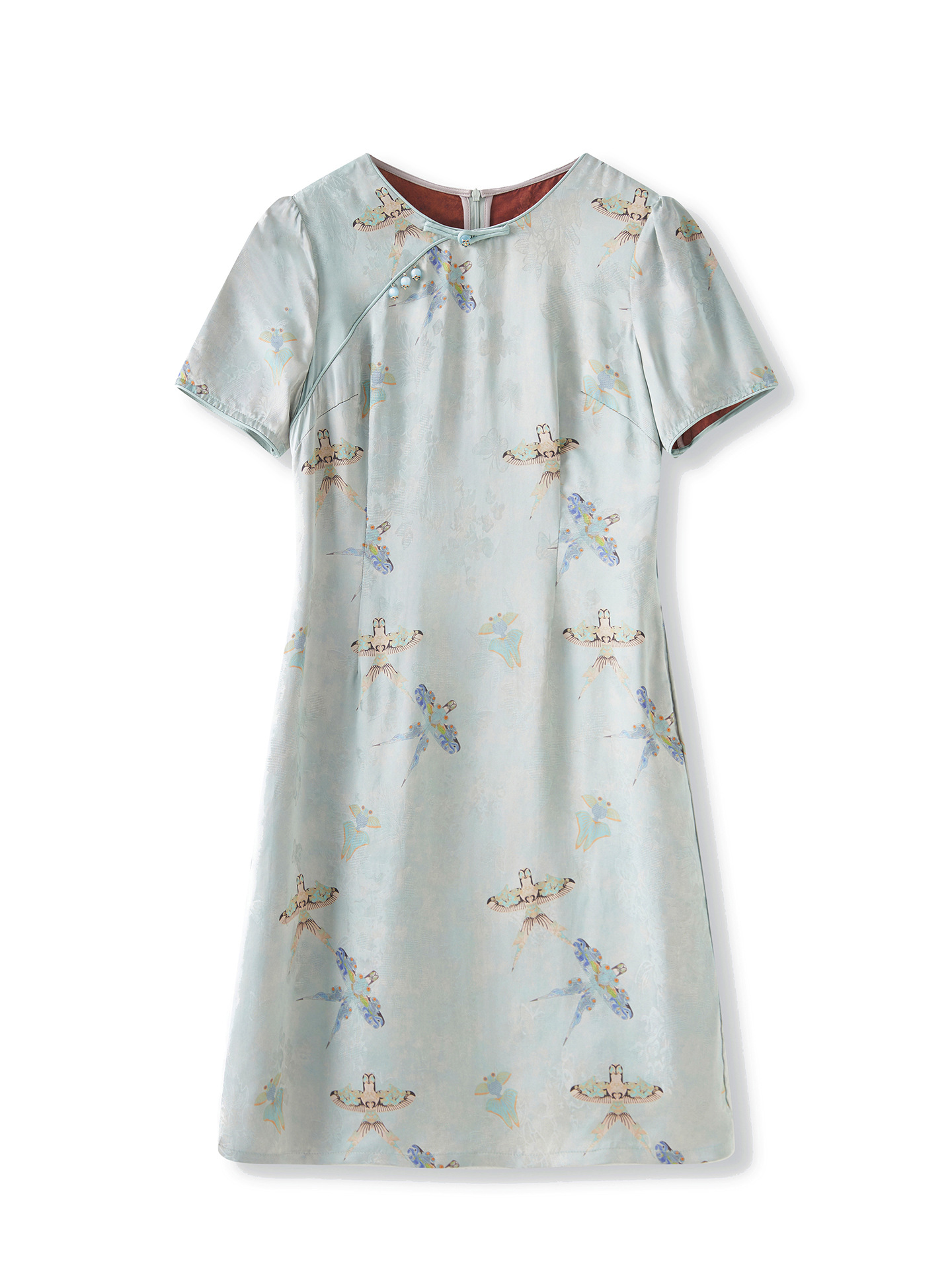 Váy sườn xám cách tân jacquard phong cách Trung Quốc chất liệu sợi mây thơm, dáng suông thắt eo, tay ngắn mùa hè — Màu xanh lam
