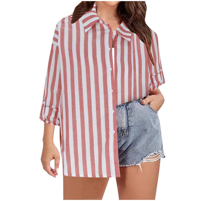 2024 cross-border Europe and the United States new Amazon AliExpress foreign trade long sleeve lapel striped shirt loose shirt women