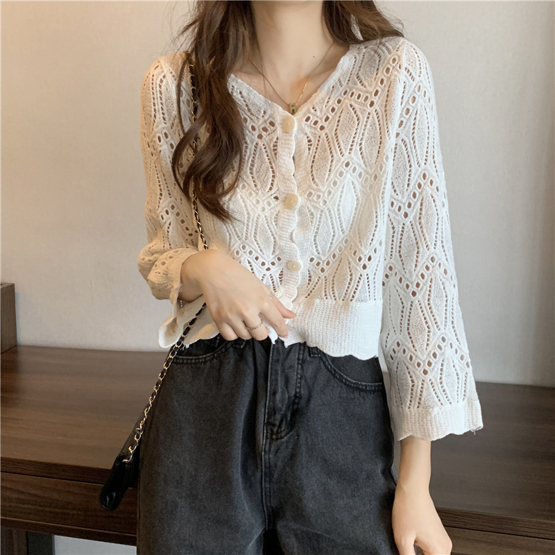 Women's summer cotton knitted cardigan thin hollow top shawl small coat air conditioning shirt