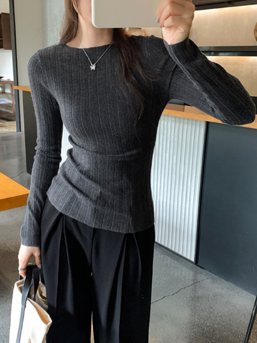 高级感灰色针织毛衣女2025秋季新款韩系修身显瘦打底衫内搭小上衣|undefined