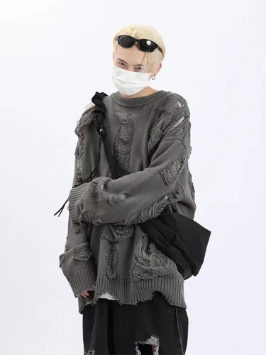 European and American High-Street Faux Two-Piece Oversized Ripped Sweater—Unisex Autumn/Winter Lazy-Style Hollow-Out Design Knitted Sweater