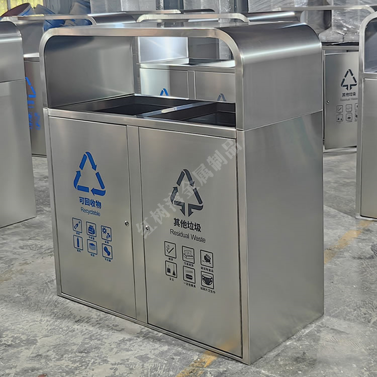 Commercial Outdoor Stainless Steel Trash Can Large Capacity Dual Classification with Lid Square Shopping Mall Environmentally Friendly Recycling Box