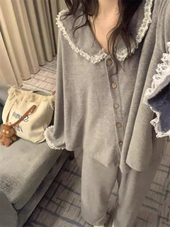 ins风网红简约纯色睡衣女春秋季新款蕾丝花边长袖长裤家居服套装