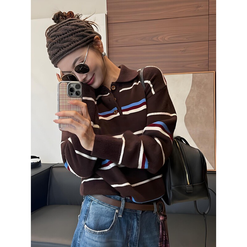 Contrast Stripesd Large Size Polo Collar Knitted Sweater for Women Autumn and Winter New Retro Long-Sleeved Fashionable Inner Bottoming Top