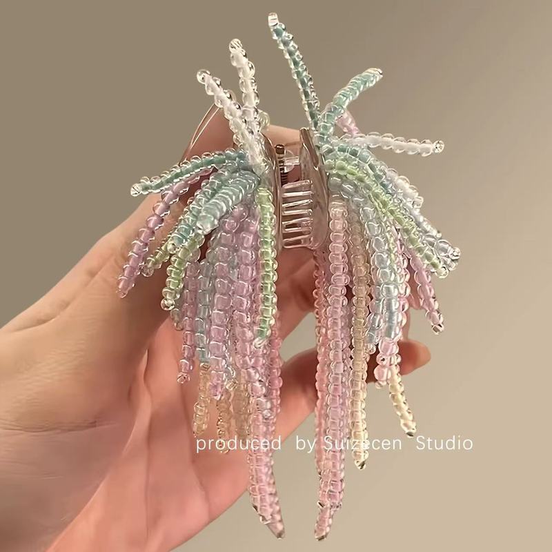绽放烟花！彩色串珠小号抓夹！超仙甜美盘发半扎发马尾鲨鱼夹头饰|undefined