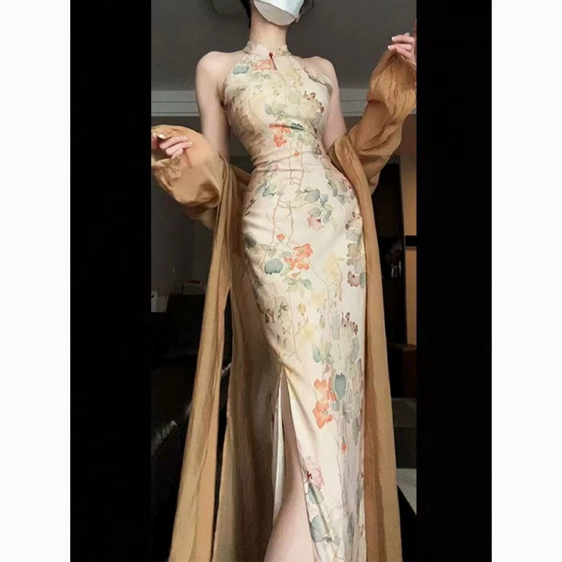 Новое улучшенное платье Cheongsam в китайском стиле, облегающее платье с разрезом и длинным кардиганом, комплект из двух предметов