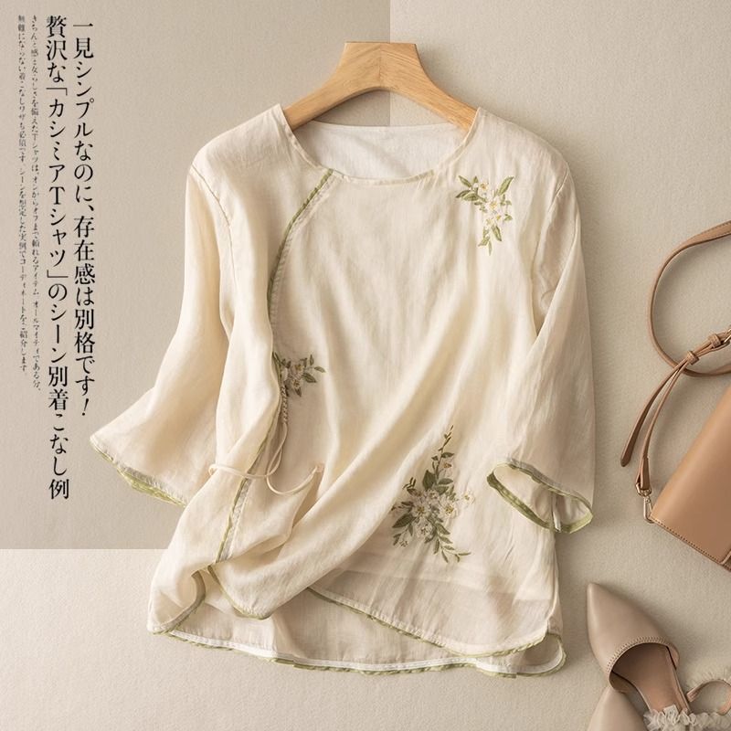 Cotton and Linen Retro Three-Quarter Sleeve Short-Sleeve Top with Exquisite Embroidery T-Shirt 2025 Summer New Versatile Women's Top