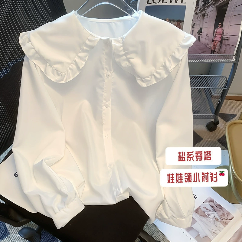 Женская белая рубашка с воротником-стойкой, ранняя осень 2025 года, шикарный топ, милый универсальный дизайн.