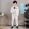 White jacket, vest, trousers, shirt, brooch