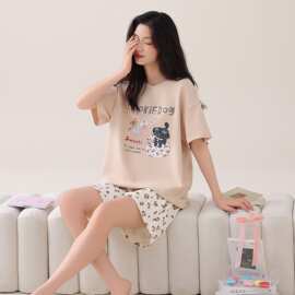 夏季新款纯棉女短袖短裤套头睡衣卡通休闲女家居服图片色圆领居家