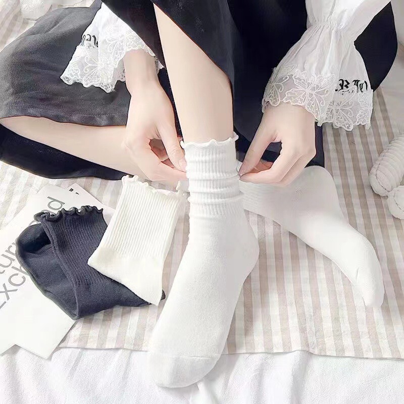 White lace socks women's mid-calf spring and autumn Mary Jane shoes wooden ear Four Seasons ins All-matching jk Japanese style women's socks