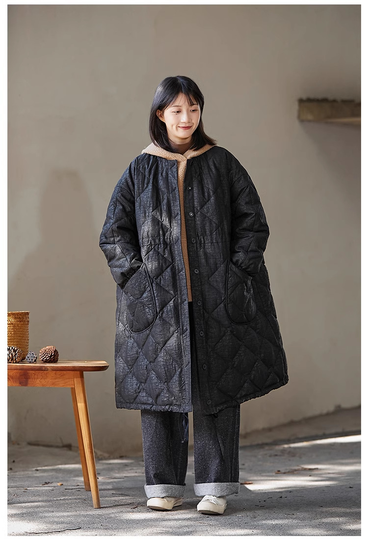 エボニーブラック香雲紗ラウンドネック前開き白ガチョウダウン