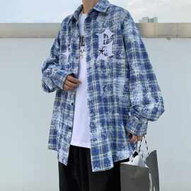 刺绣字母长袖衬衫日系港风ins宽松衬衣男生夏季潮流百搭休闲外套