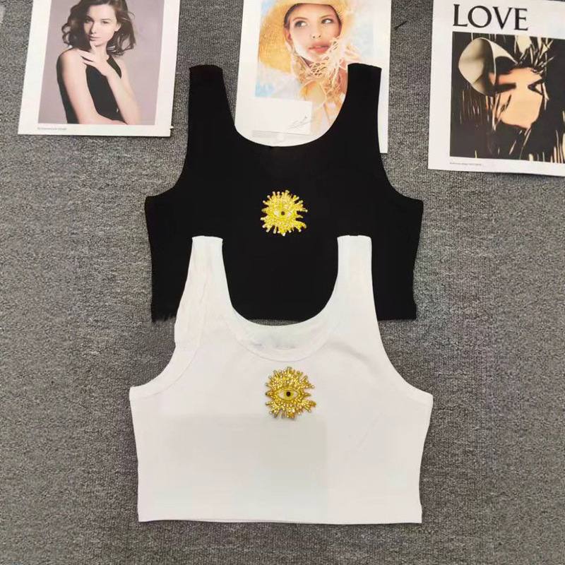 Cross-Border Foreign Trade Women's Retro Metal Eye Decoration Short Vest Summer Fashion Versatile Stretch Knitted Top