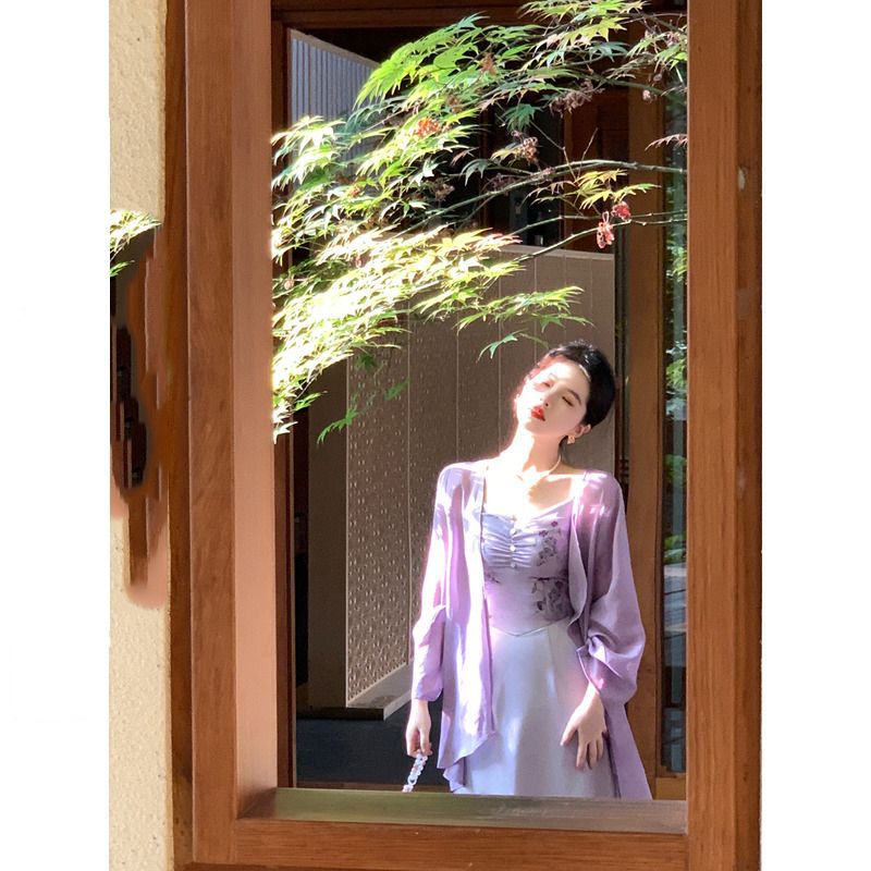 2023 Summer Collection "Purple Cornelian Cherry" Gentle Purple Retro New Chinese Style Spaghetti Strap Long Dress, Slimming and Waist-Defining
