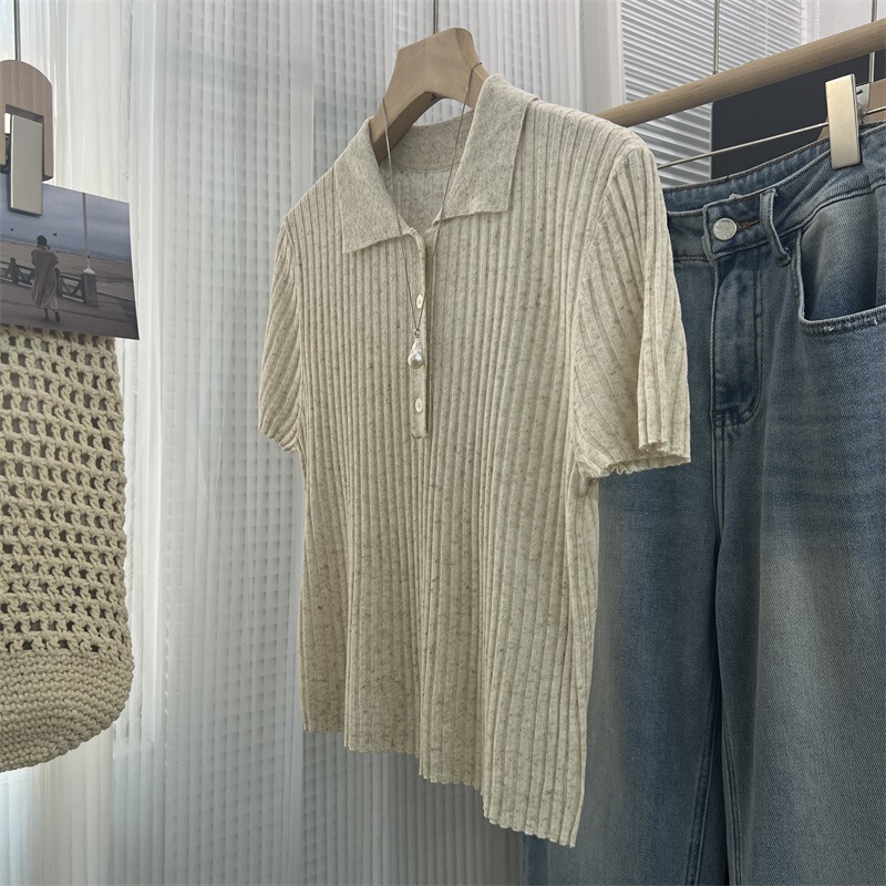 Special Offer with Free Shipping, No Returns or Exchanges: Lyocell Linen Short-Sleeve Knit Top for Women, Vintage Polo Collar Ribbed Top 92303