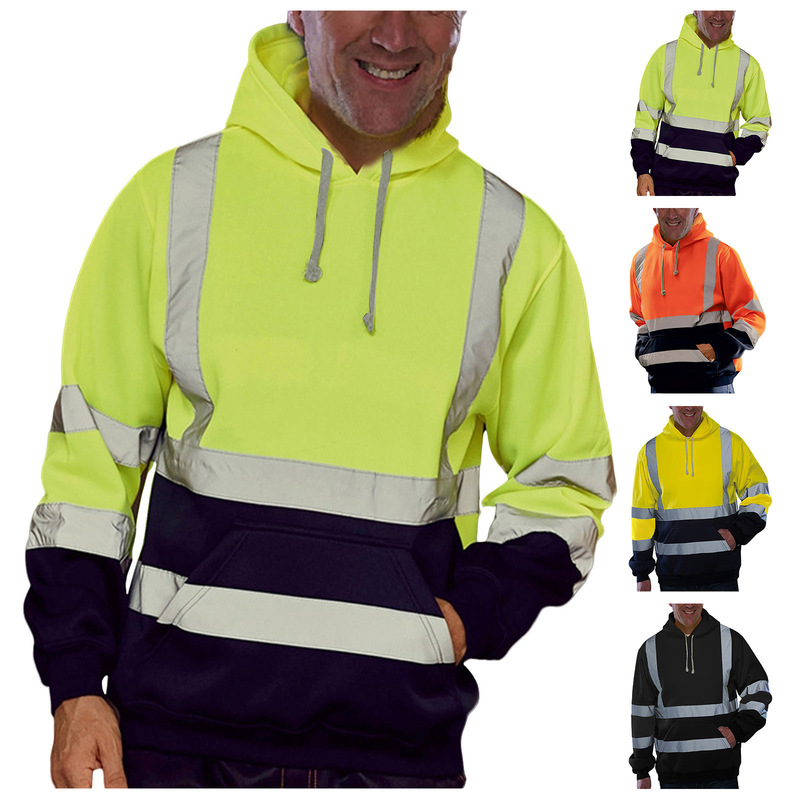 Cross-Border Export Popular Men's Reflective Strip Ring Fleece-Lined Hooded Top to Protect Against Cold Outdoor Hooded Reflective Sweatshirt for Men