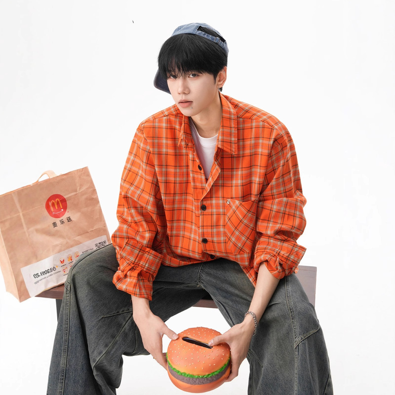 American Orange Plaid Long-Sleeved Shirts for Men and Women in Autum Loose Dopamine Couple Shirts Versatile Casual Jackets