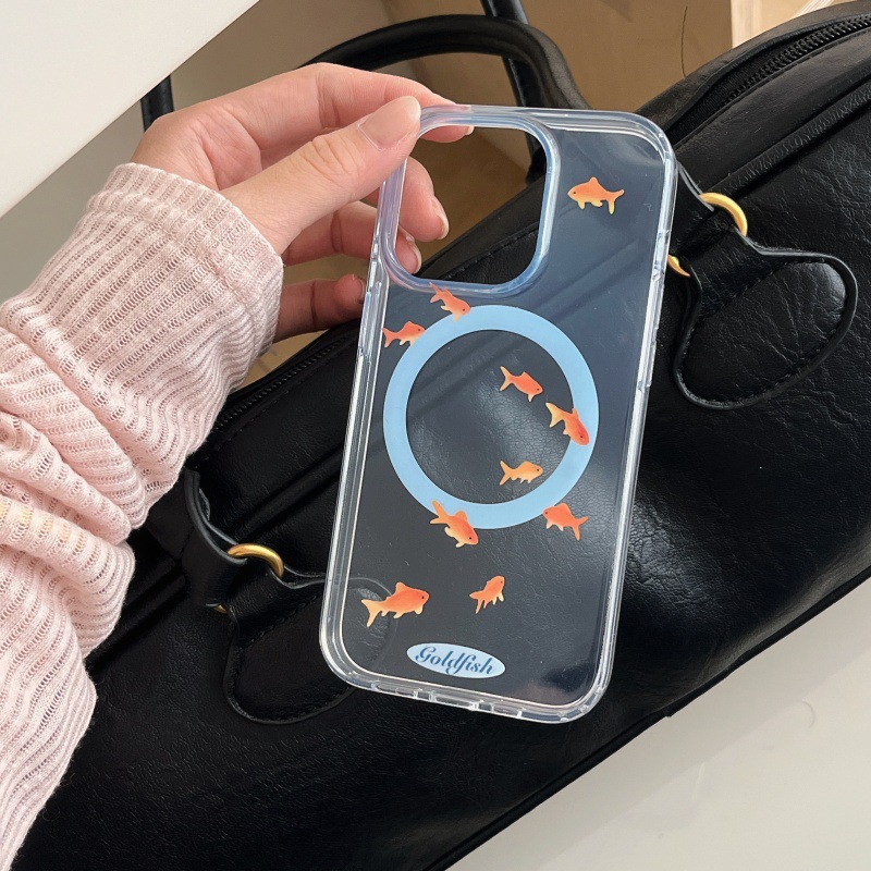 Funda de teléfono simple estilo coreano con diseño de pez dorado azul degradado, adecuada para Apple 14, 17promax, japonés y coreano, 15pro/16pro