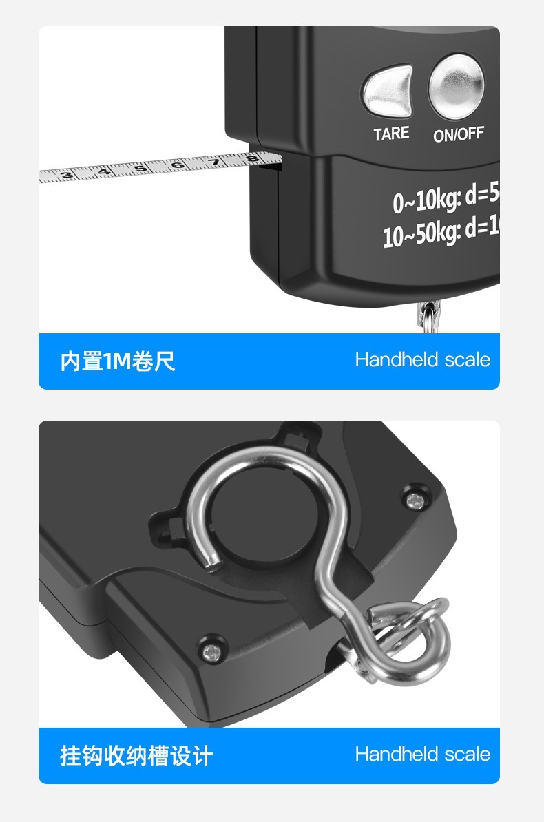 50kg Portable Electronic Scale with Tape Measure, Rechargeable Handheld Weighing Scale, Express Luggage Fishing Scale, Mini Hanging Scale