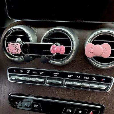 New Cute Creative Interior Car – Car phone holder - pink-bow-kitten-black-mirror-stand-pink-knot
