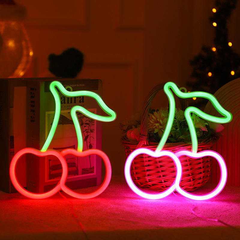 Cross-border new LED neon cherry fruit modeling light night light creative bedroom decoration light factory direct supply