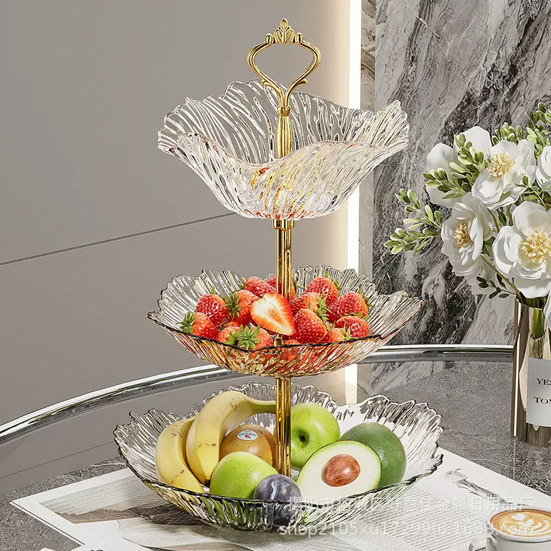 轻奢双层水晶托盘花瓣甜品零食盘高档客厅家用塑料耐摔干果水果盘