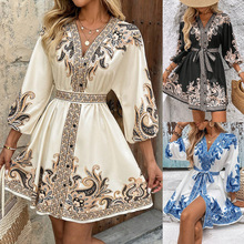 跨境外贸欧美女装亚马逊速卖通2025夏季时尚中袖绑带定位花连衣裙